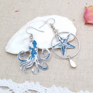 Boucles d'oreilles pieuvre poulpe et étoile de mer en liberty Margareth Annie bleu