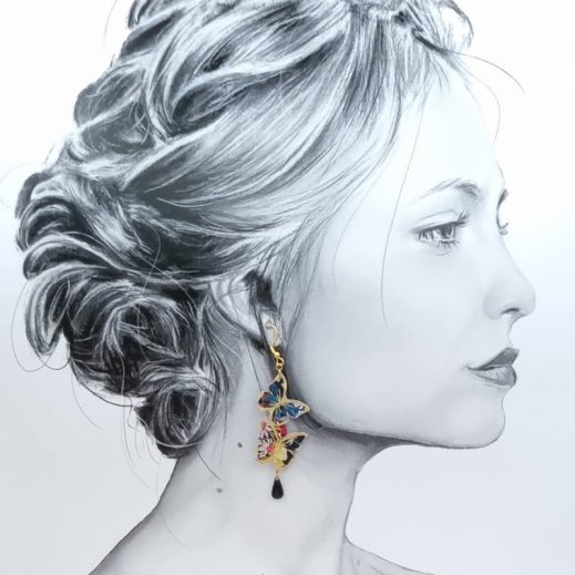 boucles d'oreilles papillons et hibiscus en liberty Faria B noir boucles d'oreilles papillons et hibiscus en liberty Faria B noir