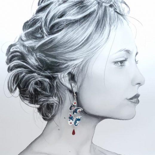 boucles d'oreilles papillons et lotus en liberty Mitsi marine boucles d'oreilles papillons et lotus en liberty Mitsi marine