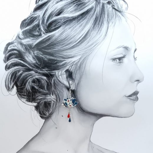 boucles d'oreilles papillons et lotus en liberty Mitsi marine boucles d'oreilles papillons et lotus en liberty Mitsi marine