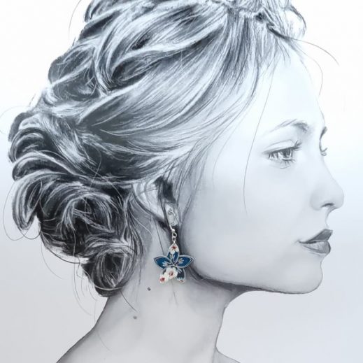 boucles d'oreilles colibri et fleur de tiaré en liberty mitsi marine boucles d'oreilles colibri et fleur de tiaré en liberty mitsi marine