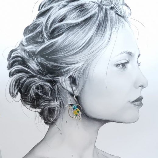 boucles d'oreilles Toucan et feuille en liberty Revival moutarde boucles d'oreilles Toucan et feuille en liberty Revival moutarde