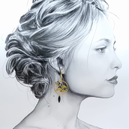 boucles d'oreilles Grenouille et feuille en liberty Revival moutarde boucles d'oreilles Grenouille et feuille en liberty Revival moutarde