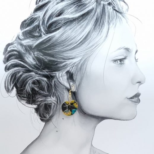 boucles d'oreilles Grenouille et feuille en liberty Revival moutarde boucles d'oreilles Grenouille et feuille en liberty Revival moutarde