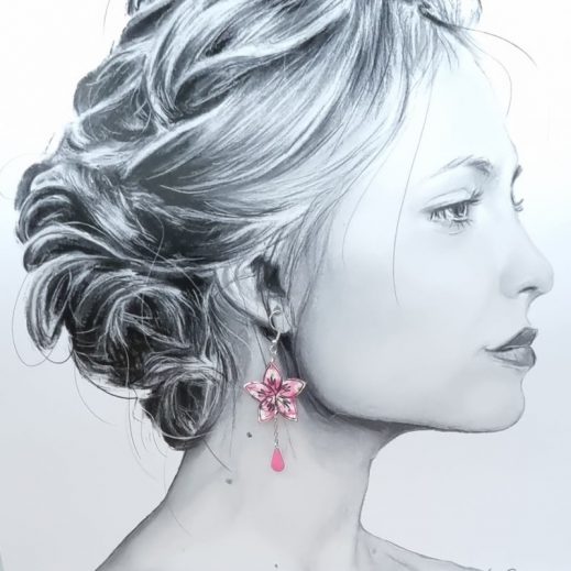 boucles d'oreilles colibri et fleur de Tiaré liberty Mitsi valéria rose boucles d'oreilles colibri et fleur de Tiaré liberty Mitsi valéria rose