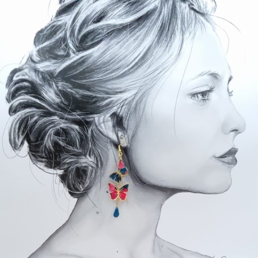 boucles d'oreilles papillon et coquelicot en liberty ciara pétrole boucles d'oreilles papillon et coquelicot en liberty ciara pétrole