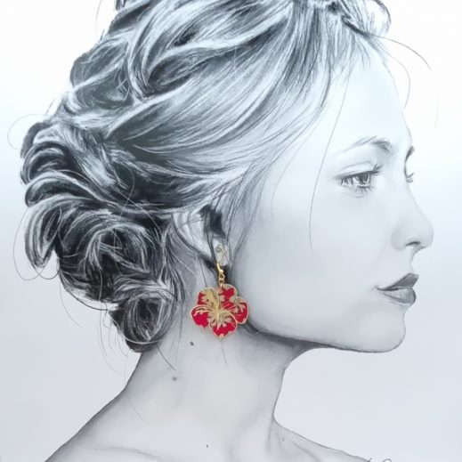 Boucles d'oreilles colibri et hibiscus en liberty capel rubis Boucles d'oreilles colibri et hibiscus en liberty capel rubis