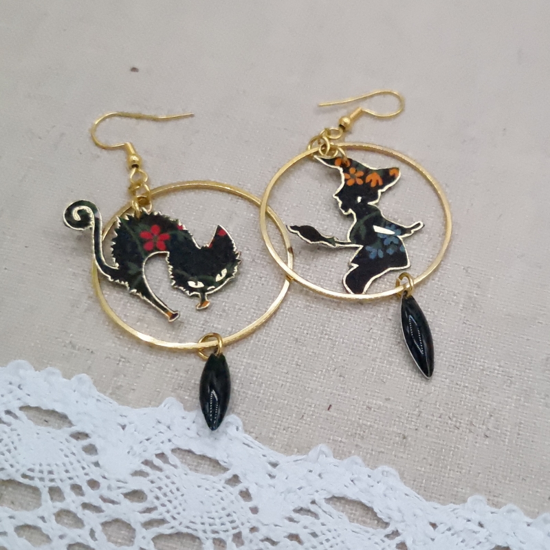 Boucles d'oreilles sorcière et chat noir