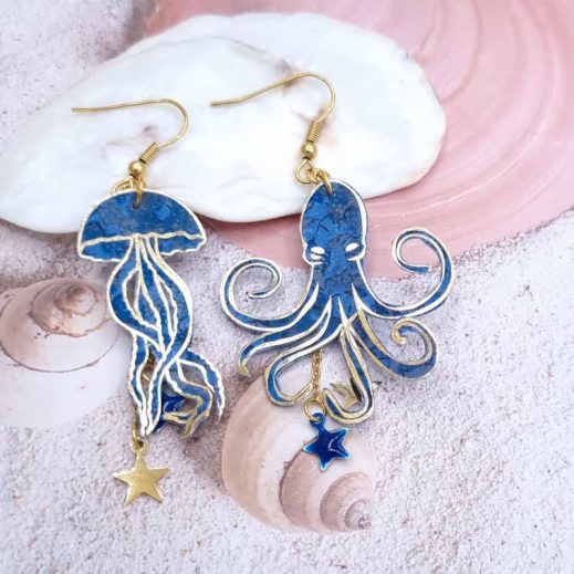 Boucles d'oreilles méduse et poulpe pieuvre en liberty Emma and Georgina bleu