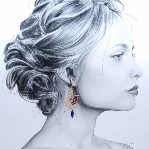 boucles d'oreilles oiseau colibri et fleur de lys en liberty Perséphone violine boucles d'oreilles oiseau colibri et fleur de lys en liberty Perséphone violine