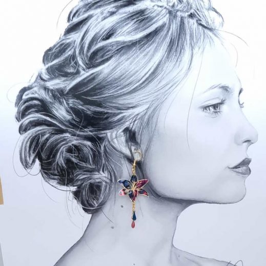 boucles d'oreilles oiseau colibri et fleur de lys en liberty Perséphone violine boucles d'oreilles oiseau colibri et fleur de lys en liberty Perséphone violine