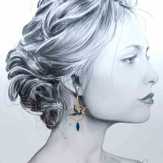 boucles d'oreilles oiseau et hibiscus en liberty Mitsi marine boucles d'oreilles oiseau et hibiscus en liberty Mitsi marine