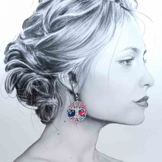 Boucles d'oreilles Arbre de vie et feuille en liberty Revival fushia Boucles d'oreilles Arbre de vie et feuille en liberty Revival fushia