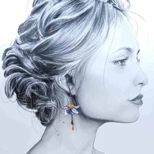 boucles d'oreilles oiseau colibri et fleur de lys en liberty Betsy denim boucles d'oreilles oiseau colibri et fleur de lys en liberty Betsy denim