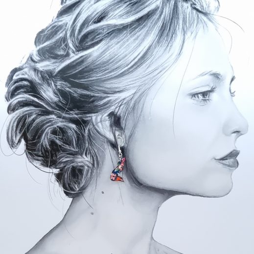 Boucles d'oreilles Lune et petit Loup en liberty Libby tangerine Boucles d'oreilles Lune et petit Loup en liberty Libby tangerine