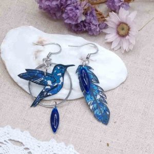 boucles d'oreilles colibri et plume en liberty Margaret Annie bleu