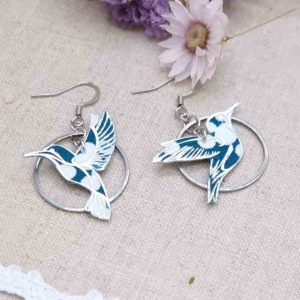 boucles d'oreilles oiseau colibris en coton yoichi pétrole
