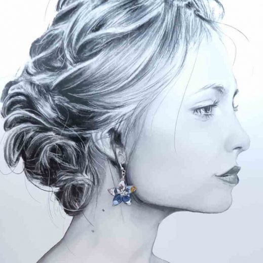 boucles d'oreilles fleur de Tiaré en liberty betsy denim boucles d'oreilles fleur de Tiaré en liberty betsy denim