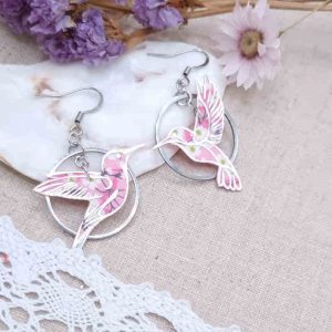 boucles d'oreilles oiseau colibris en liberty Mitsi Valéria rose