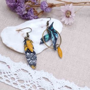 boucles d'oreilles colibri et plume en coton Nagoya émeraude