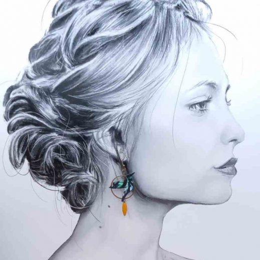 boucles d'oreilles colibri et plume en coton Nagoya émeraude boucles d'oreilles colibri et plume en coton Nagoya émeraude