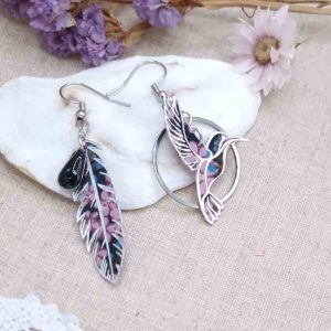 boucles d'oreilles colibri et plume liberty Star anise violet