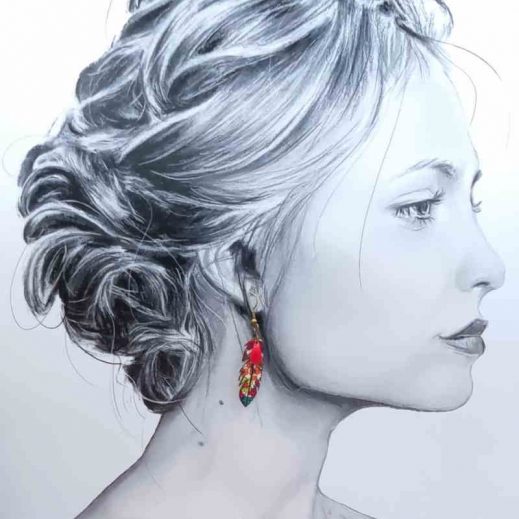 Boucles d'oreilles Lune et plume en liberty Margaret annie fushia Boucles d'oreilles Lune et plume en liberty Margaret annie fushia