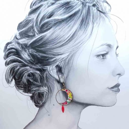 Boucles d'oreilles Lune et plume en liberty Margaret annie fushia Boucles d'oreilles Lune et plume en liberty Margaret annie fushia