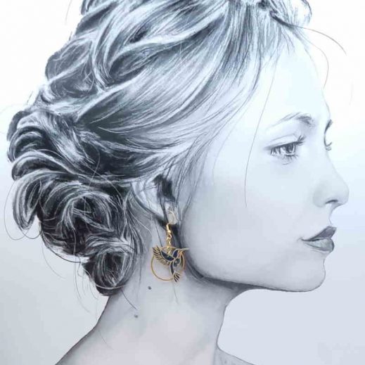 Boucles d'oreilles colibri et plume en liberty Betsy Denim Boucles d'oreilles colibri et plume en liberty Betsy Denim
