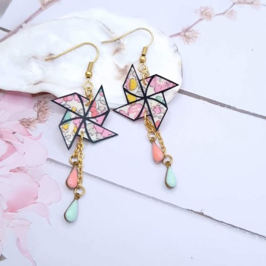 Boucles d'oreilles moulins en liberty betsy sweet pink Boucles d'oreilles moulins en liberty betsy sweet pink