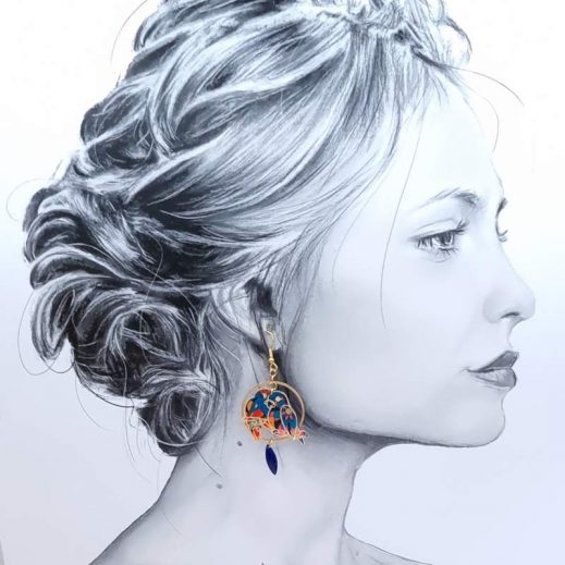 Boucles d'oreilles oiseaux inséparables et Magnolia en TISSU liberty Ciara pétrole Boucles d'oreilles oiseaux inséparables et Magnolia en TISSU liberty Ciara pétrole