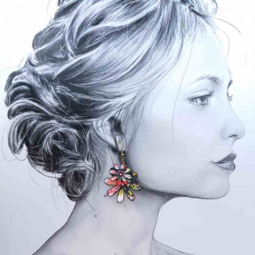 Boucles d'oreilles grandes Marguerites en liberty Thorpe vert et corail Boucles d'oreilles grandes Marguerites en liberty Thorpe vert et corail