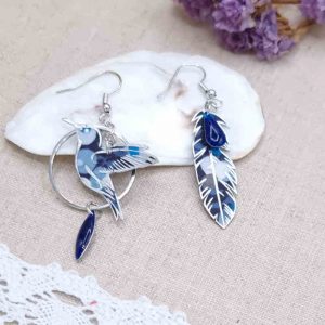 boucles d'oreilles colibri et plume liberty Wiltshire bleu nuit
