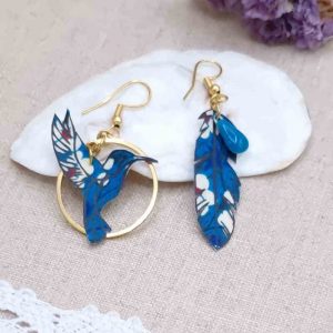 boucles d'oreilles colibri et plume liberty mitsi deep blue