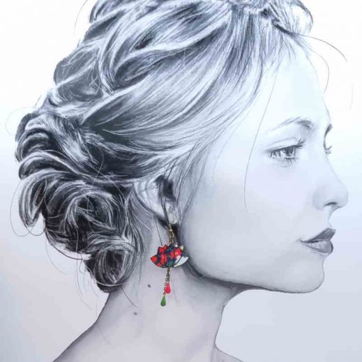 Boucles d'oreilles lotus en tissu liberty Thorpe vert et corail Boucles d'oreilles lotus en tissu liberty Thorpe vert et corail