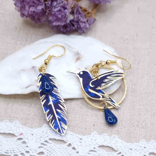 boucles colibri et plume en capel indigo boucles colibri et plume en capel indigo