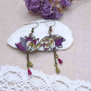 Boucles d'oreilles Lotus fleur en tissus liberty of London Margareth annie purple et laiton bronze