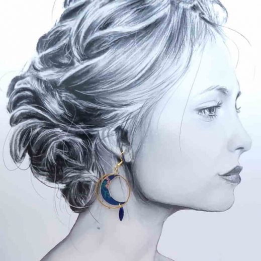 Boucles d'oreilles Lune et Loup en liberty Erica navy Boucles d'oreilles Lune et Loup en liberty Erica navy