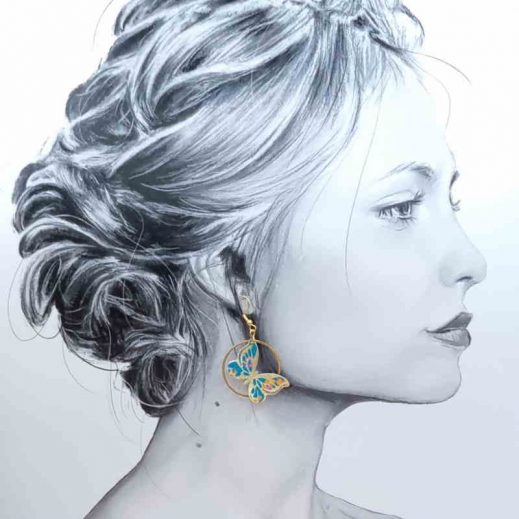 Boucles d'oreilles Papillon et lotus en petit pan vert orange et rose Boucles d'oreilles Papillon et lotus en petit pan vert orange et rose