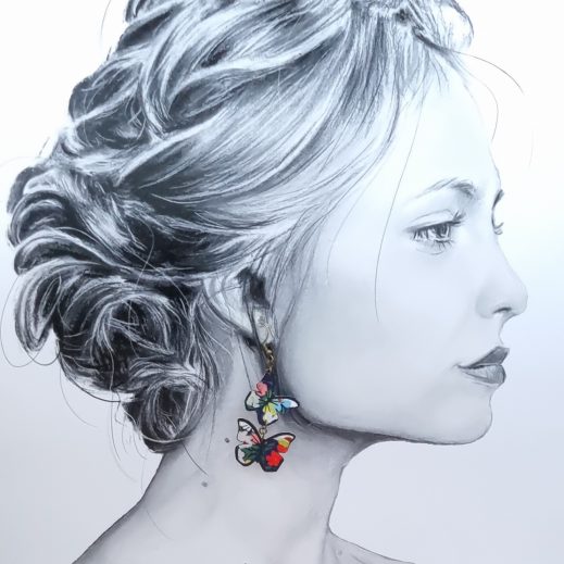 boucles d'oreilles papillons et fleurs de tiaré en liberty thorpe vert et corail boucles d'oreilles papillons et fleurs de tiaré en liberty thorpe vert et corail