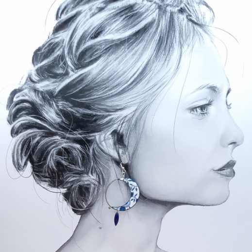 Boucles d'oreilles loup et lune en liberty wiltshire outremer Boucles d'oreilles loup et lune en liberty wiltshire outremer