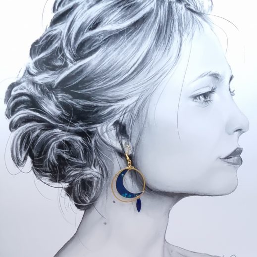 Boucles d'oreilles loup et lune en liberty erica navy Boucles d'oreilles loup et lune en liberty erica navy