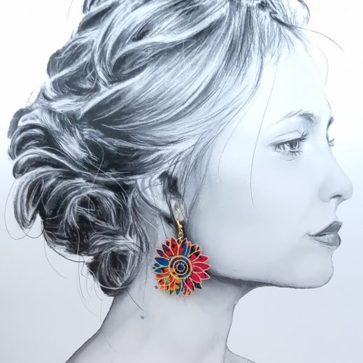 Boucles d'oreilles grands tournesols en liberty Ciara pétrole Boucles d'oreilles grands tournesols en liberty Ciara pétrole
