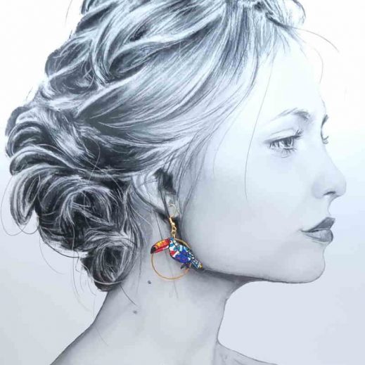 boucles d'oreilles Toucan et feuille en liberty Margaret Annie orange et bleu boucles d'oreilles Toucan et feuille en liberty Margaret Annie orange et bleu