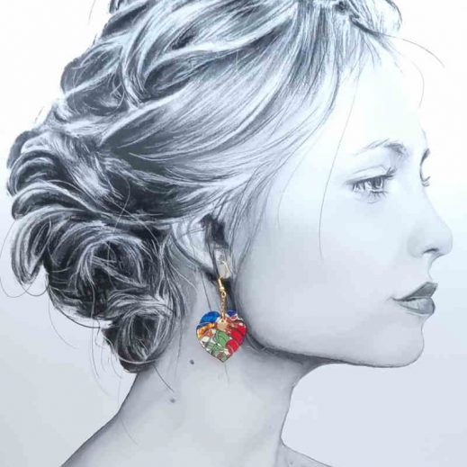 boucles d'oreilles Toucan et feuille en liberty Margaret Annie orange et bleu boucles d'oreilles Toucan et feuille en liberty Margaret Annie orange et bleu