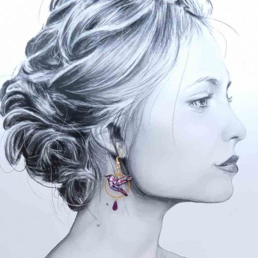 boucles d'oreilles colibri et plume en Petit Pan hanako violet boucles d'oreilles colibri et plume en Petit Pan hanako violet