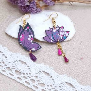 Boucles d'oreilles papillon et lotus en petit pan Hanako violet