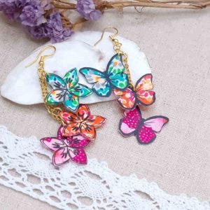 boucles d'oreilles papillons et fleurs de tiaré en tissu PETIT PAN