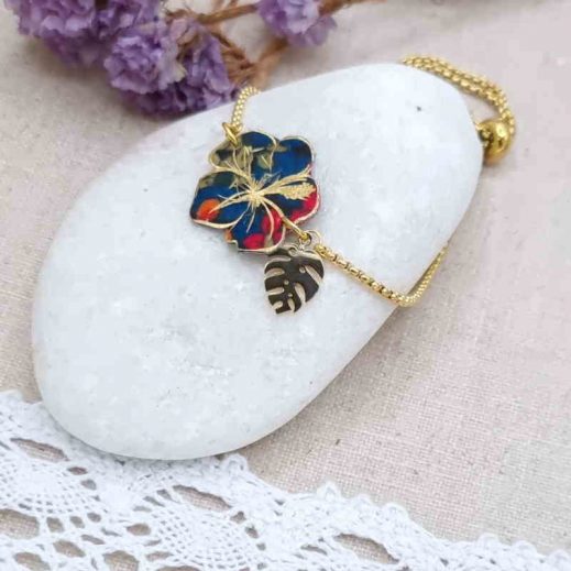 Bracelet ajustable fleur hibiscus en liberty Ciara pétrole Bracelet ajustable fleur hibiscus en liberty Ciara pétrole