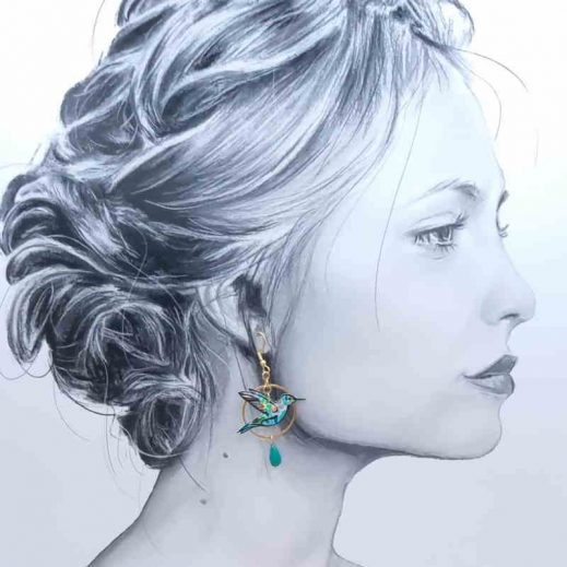 boucles d'oreilles colibri et plume en Petit Pan Calendula vert boucles d'oreilles colibri et plume en Petit Pan Calendula vert